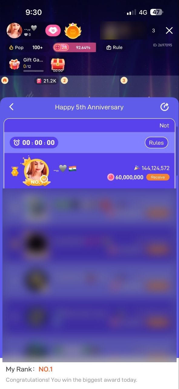 Poppo 5th Anniversary leaderboard showing Barbie ranked No.1 worldwide with 144,124,572 points