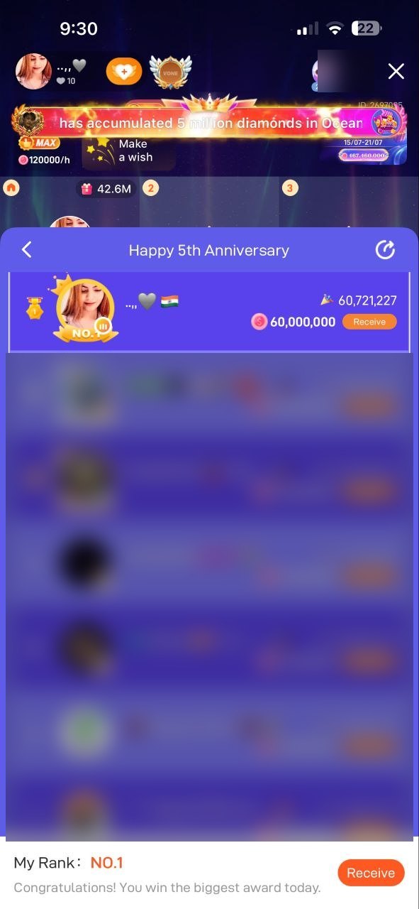 Poppo 5th Anniversary leaderboard showing Barbie ranked No.1 with a 60,000,000 coin award